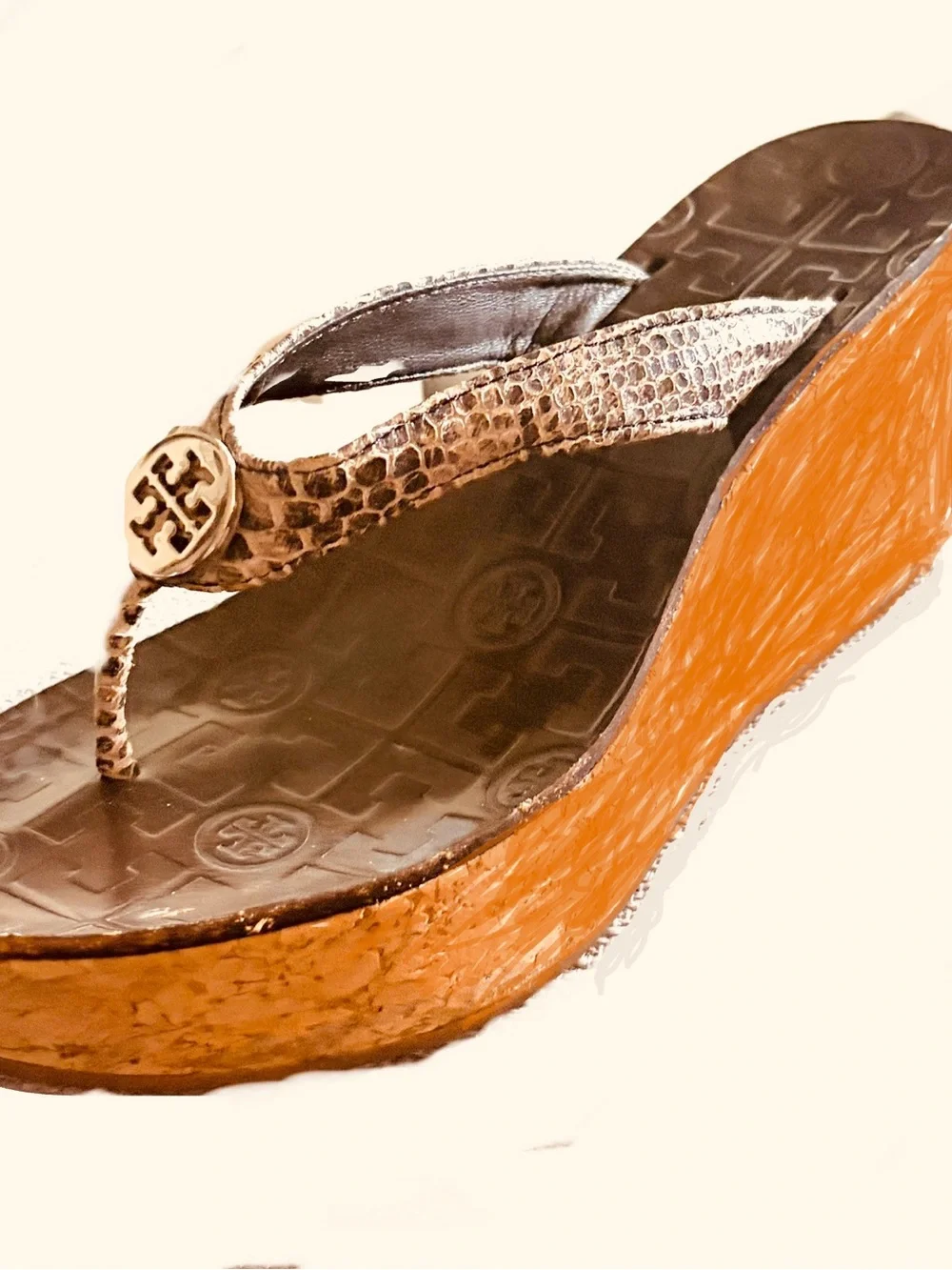Tory Burch Brown Snake-Print Thong Sandals with Gold Medallions